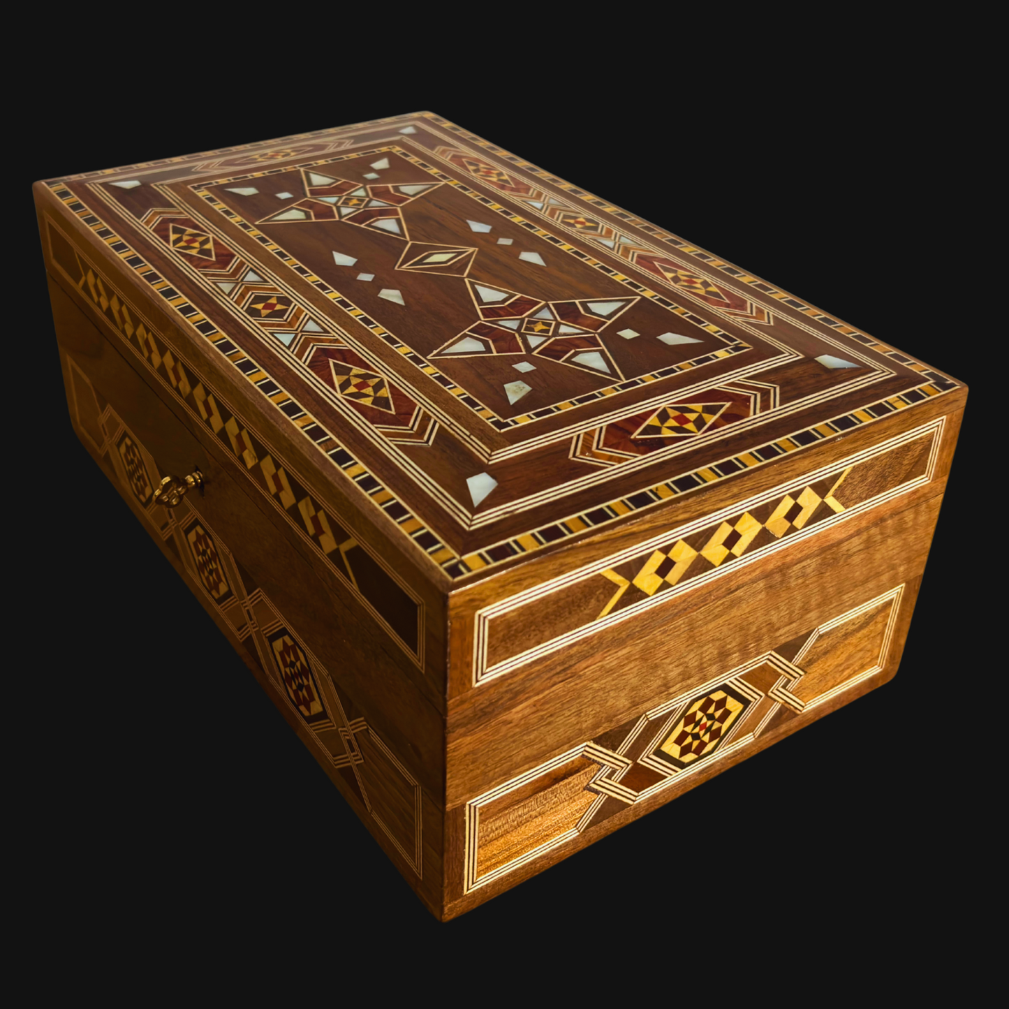 Large Handcrafted Damascene Mosaic Box with Lock – Multi-Level Wooden Jewelry Chest with Mother of Pearl Inlay