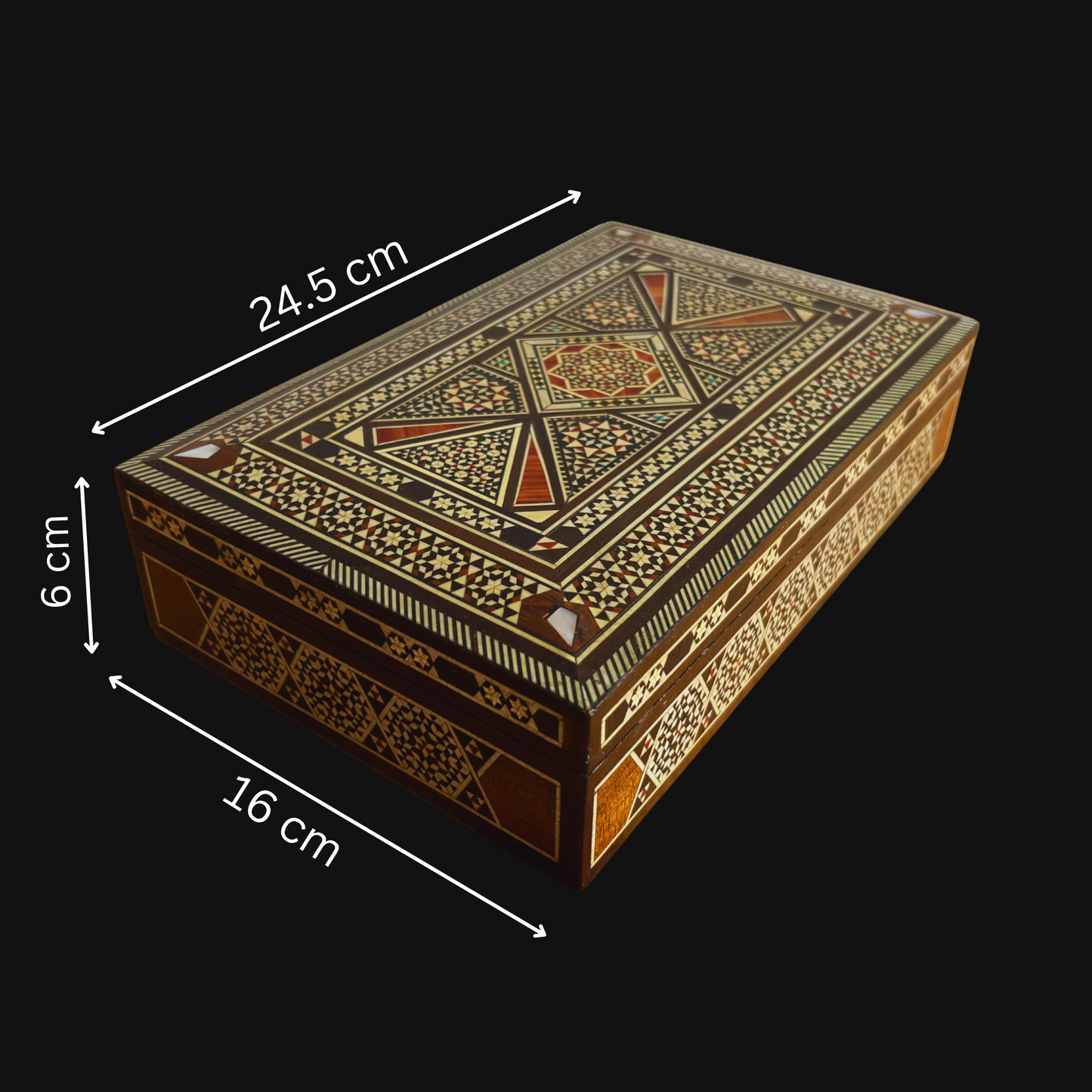 Vintage 1970 Damascene Mozaïek Sieradendoos – Handgemaakte Oosterse Inleg met Parelmoer
