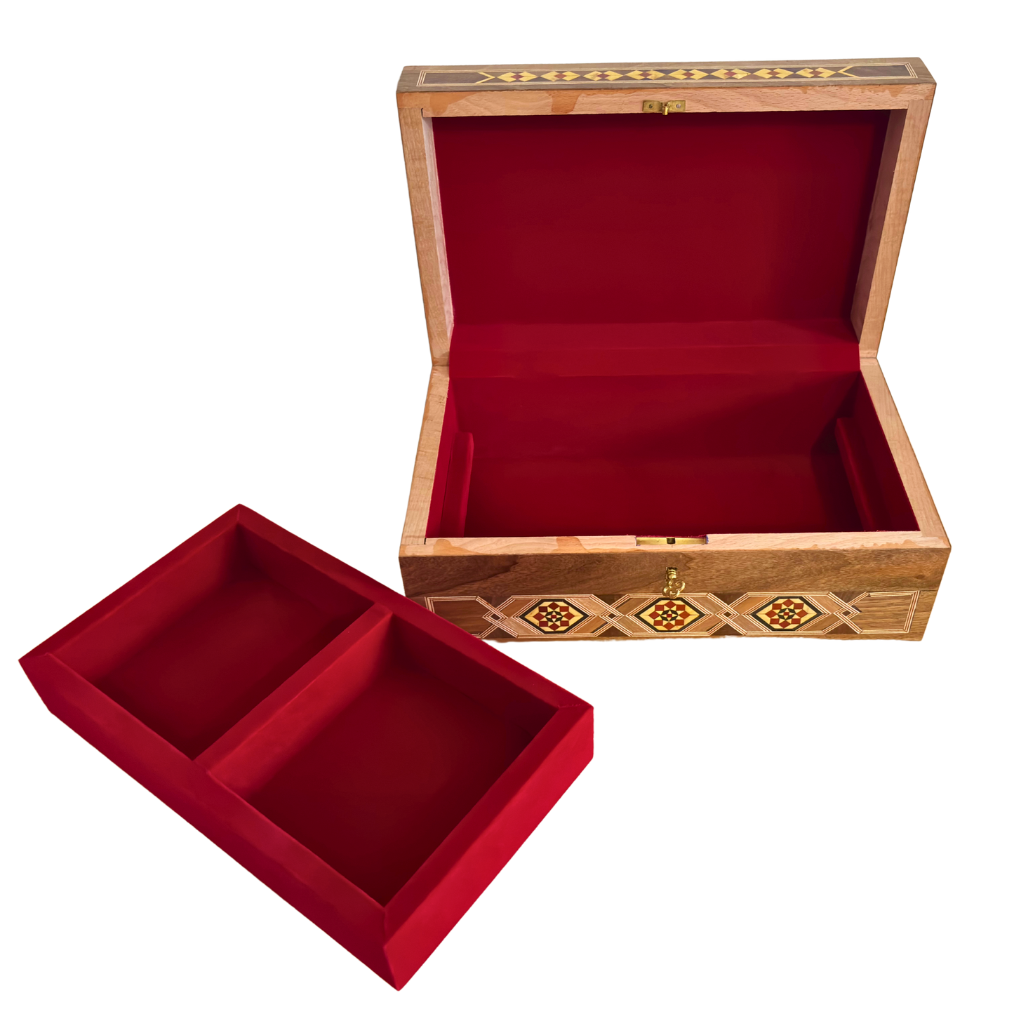 Large Handcrafted Damascene Mosaic Box with Lock – Multi-Level Wooden Jewelry Chest with Mother of Pearl Inlay