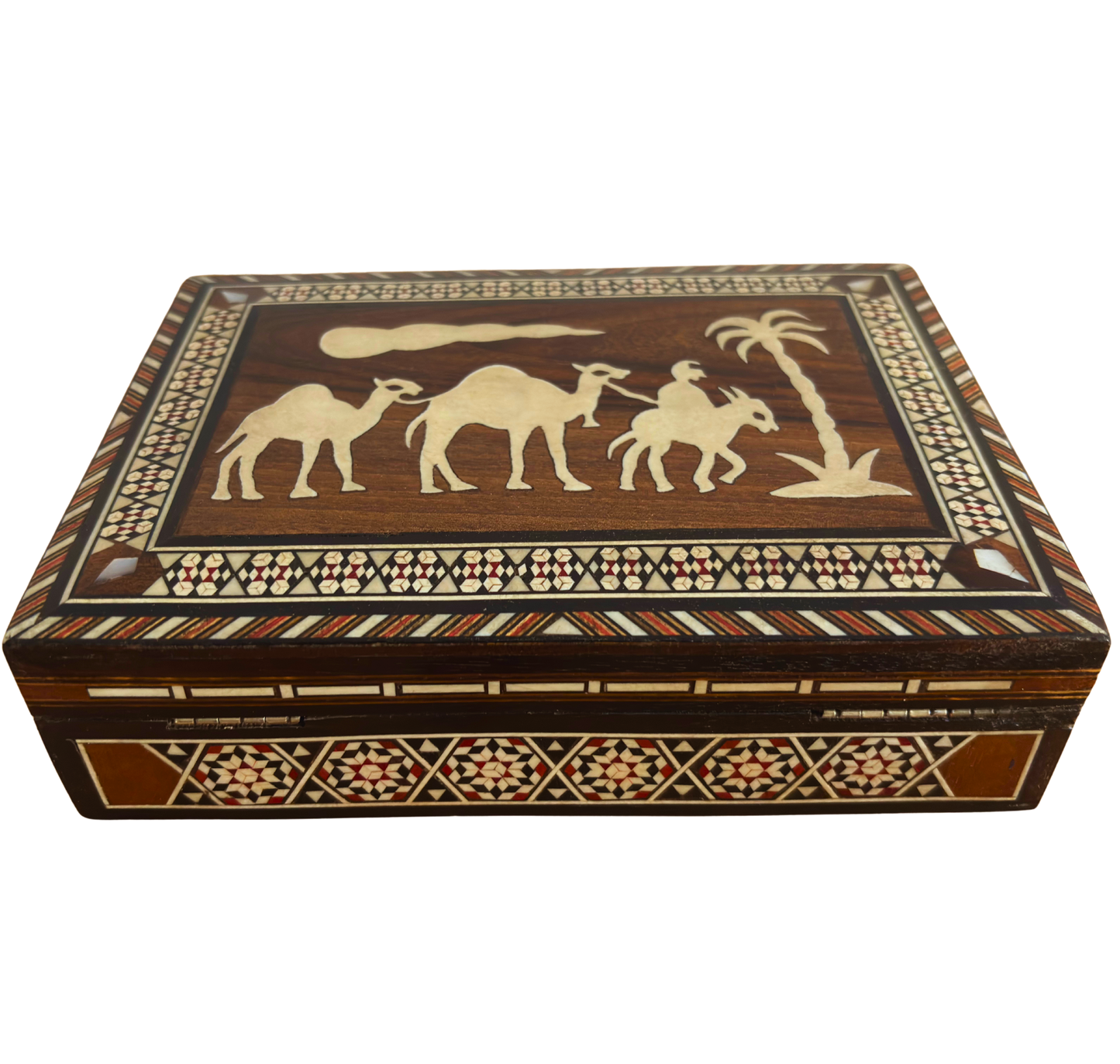 Vintage Damascene mozaïekdoos uit de jaren ’70, kameelmotief, handgemaakte Syrische bewaardoos
