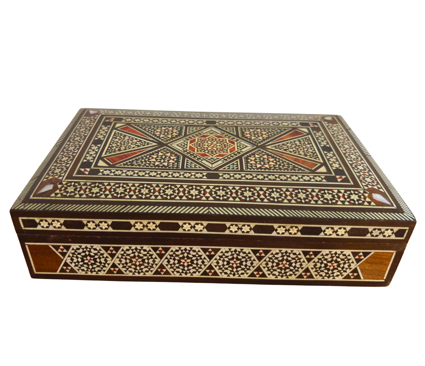 Vintage 1970 Damascene Mozaïek Sieradendoos – Handgemaakte Oosterse Inleg met Parelmoer