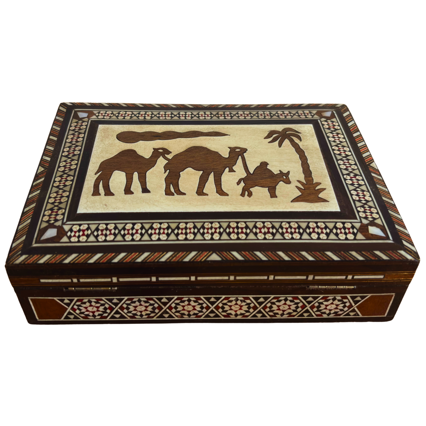 Vintage camel mozaïek sieradendoos – Handgemaakt Damascene kunstwerk uit 1970 met parelmoer inleg