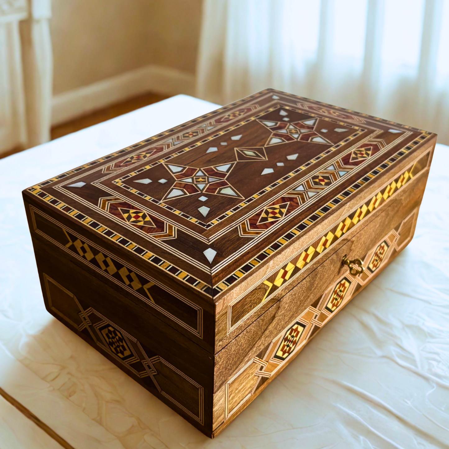 Large Handcrafted Damascene Mosaic Box with Lock – Multi-Level Wooden Jewelry Chest with Mother of Pearl Inlay