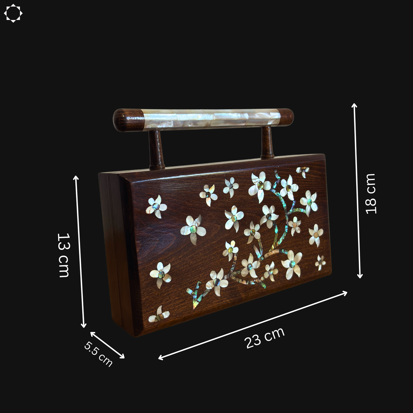 The Jasmine of Damascus – Handcrafted Walnut Clutch with Mother of Pearl Inlay & Brocade Interior