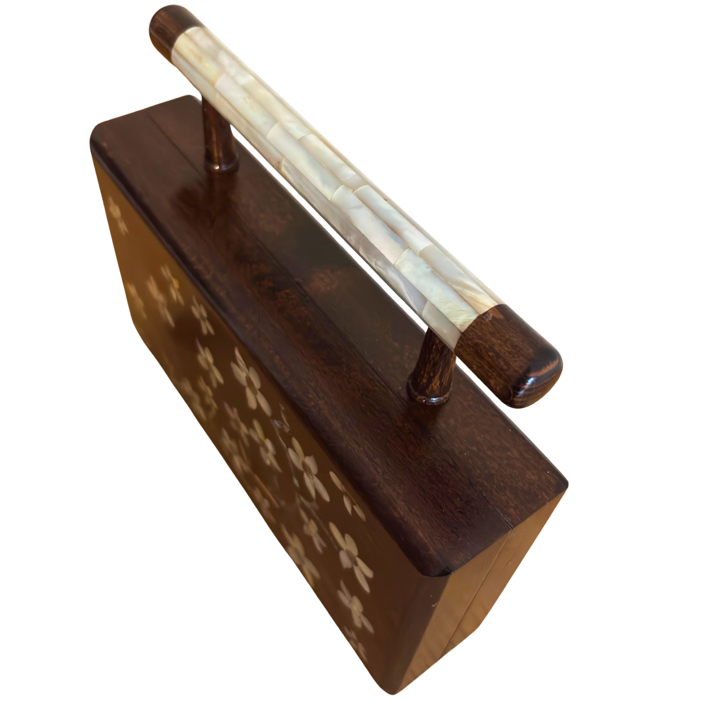 The Jasmine of Damascus – Handcrafted Walnut Clutch with Mother of Pearl Inlay & Brocade Interior