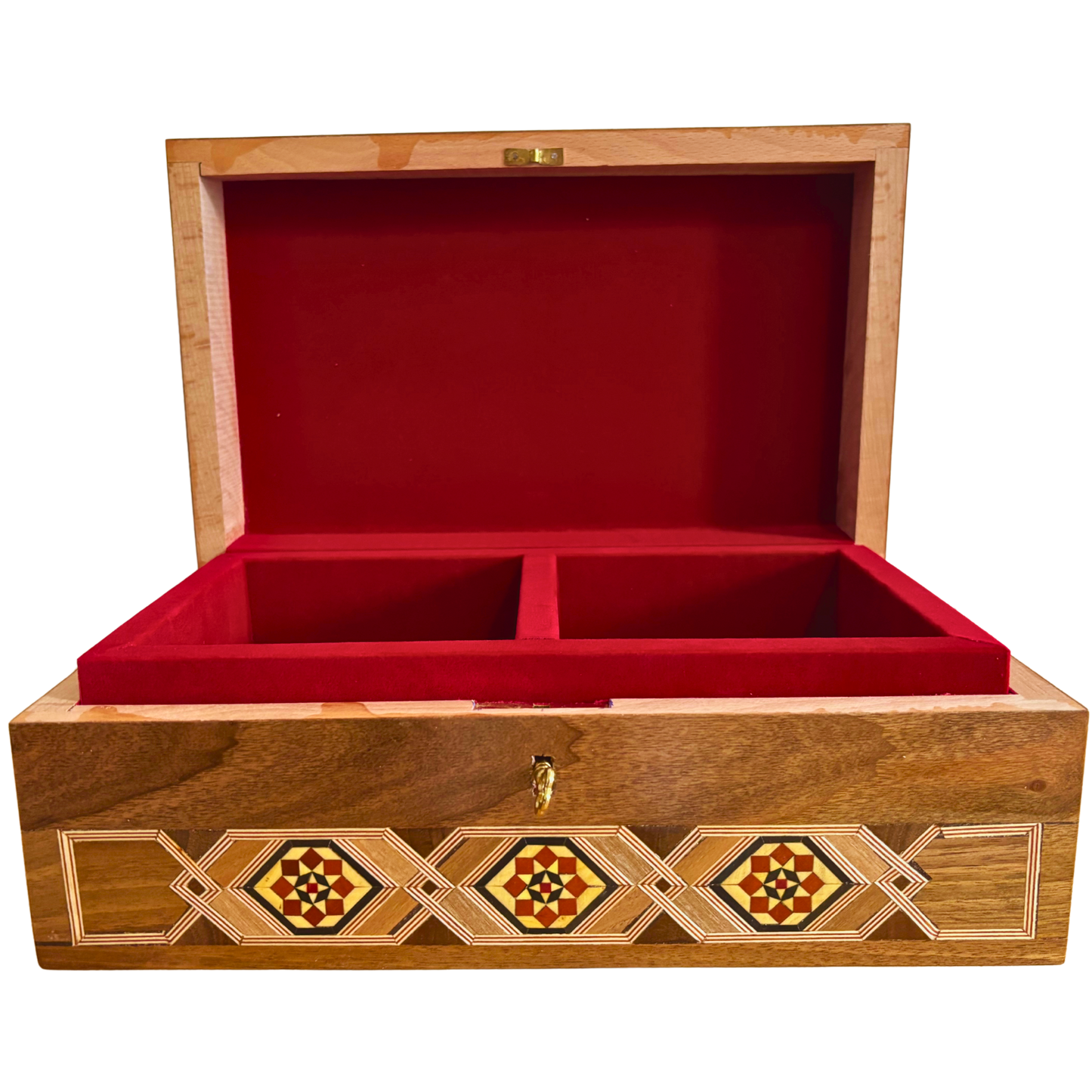 Large Handcrafted Damascene Mosaic Box with Lock – Multi-Level Wooden Jewelry Chest with Mother of Pearl Inlay