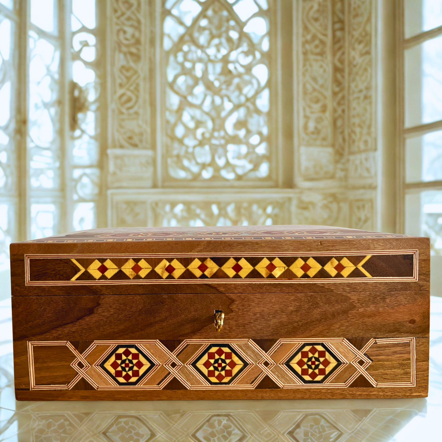 Large Handcrafted Damascene Mosaic Box with Lock – Multi-Level Wooden Jewelry Chest with Mother of Pearl Inlay