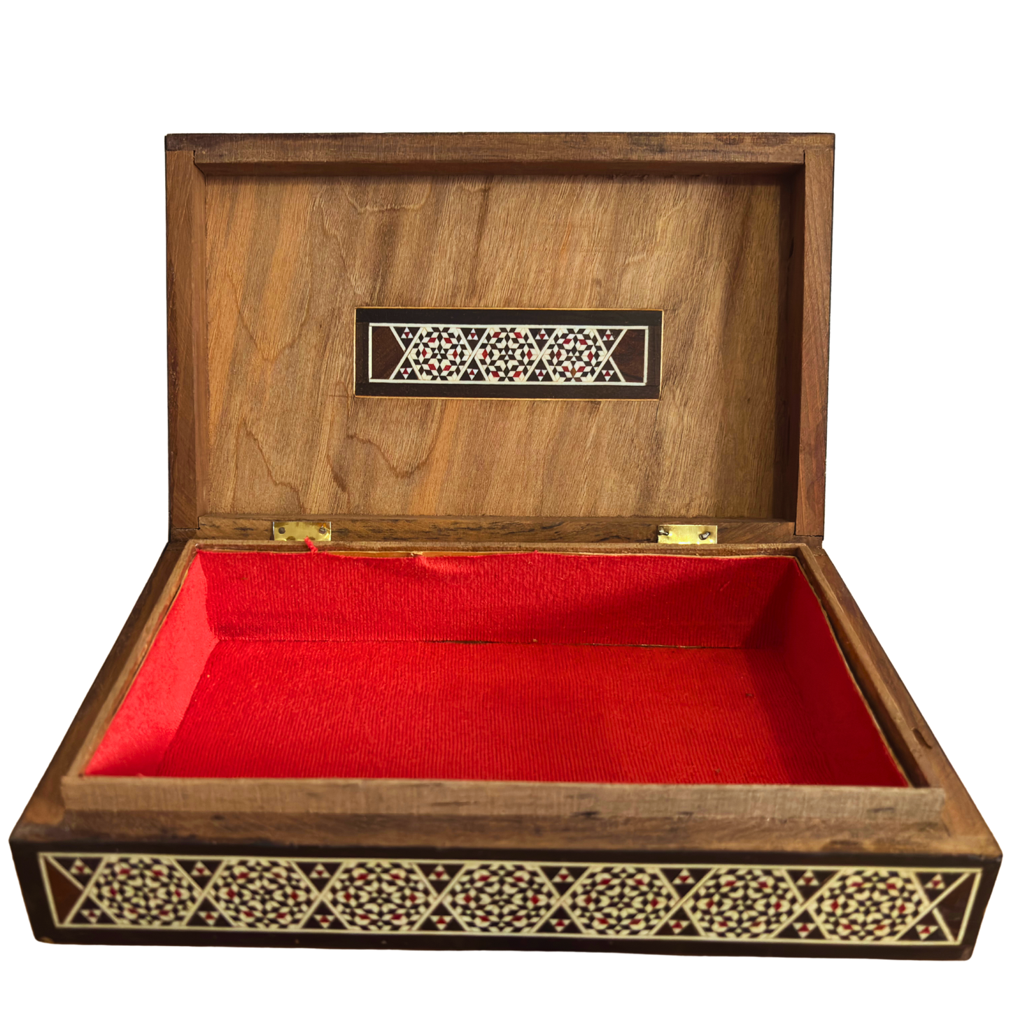 Zeldzame Vintage 1970 Kameel Mozaïekdoos – Handgemaakte Damascene Oosterse Kunst met Parel Inleg