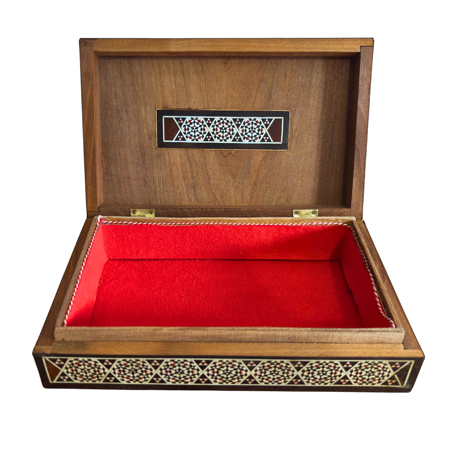 Vintage Damascene sieradendoos uit 1970, handgemaakt houten kistje, ingelegd met parelmoer, Syrisch ambachtelijk meesterwerk