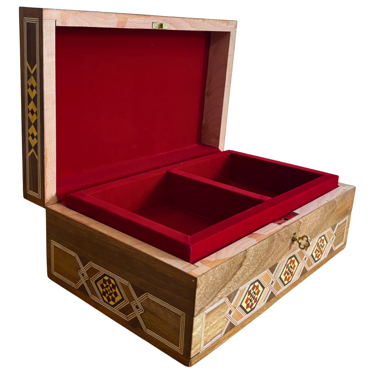 Large Handcrafted Damascene Mosaic Box with Lock – Multi-Level Wooden Jewelry Chest with Mother of Pearl Inlay