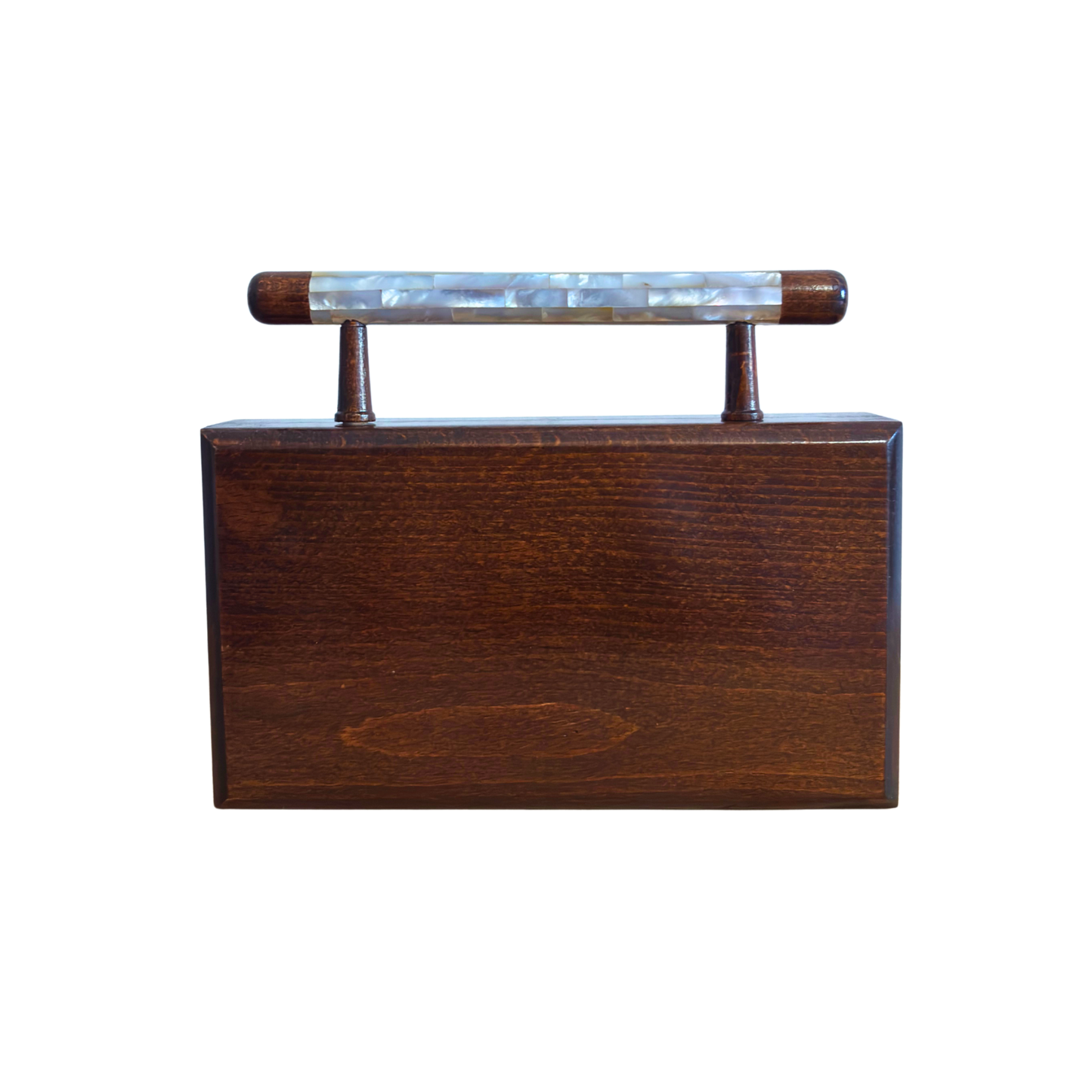 De Hemelse Ster – Handgemaakte Damascener Clutch van Notenhout met Parelmoer