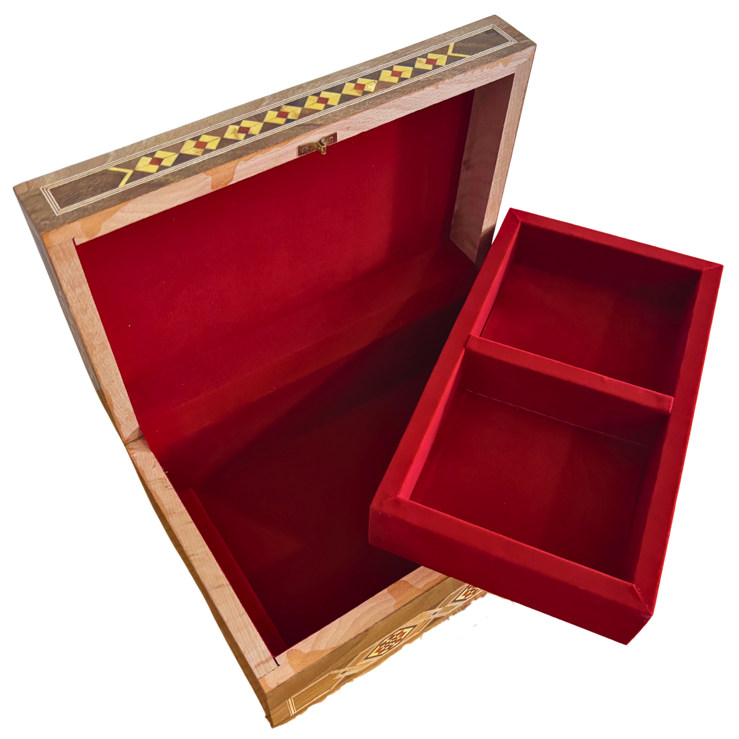 Large Handcrafted Damascene Mosaic Box with Lock – Multi-Level Wooden Jewelry Chest with Mother of Pearl Inlay