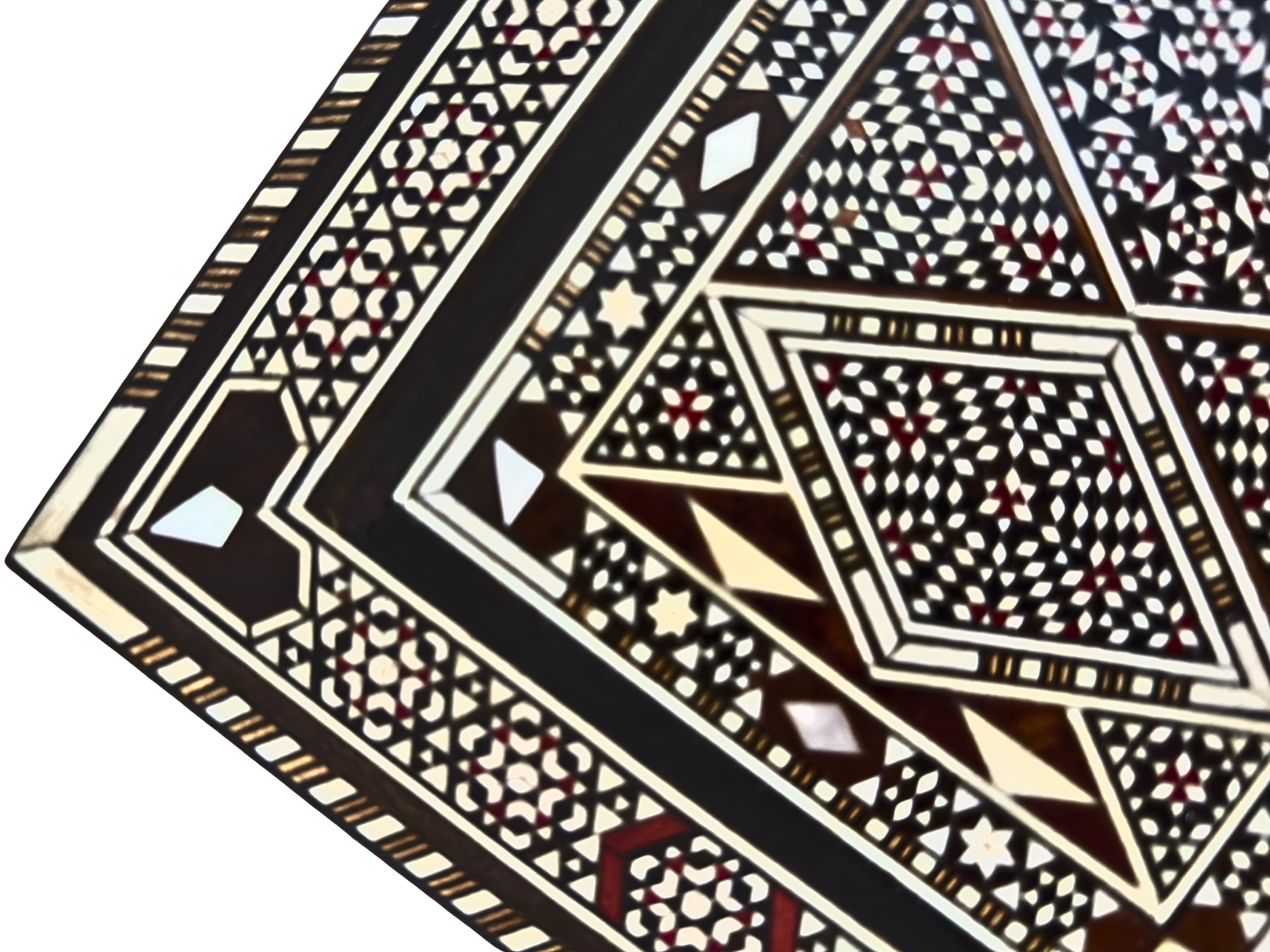 Vintage Damascene sieradendoos uit 1970, handgemaakt houten kistje, ingelegd met parelmoer, Syrisch ambachtelijk meesterwerk