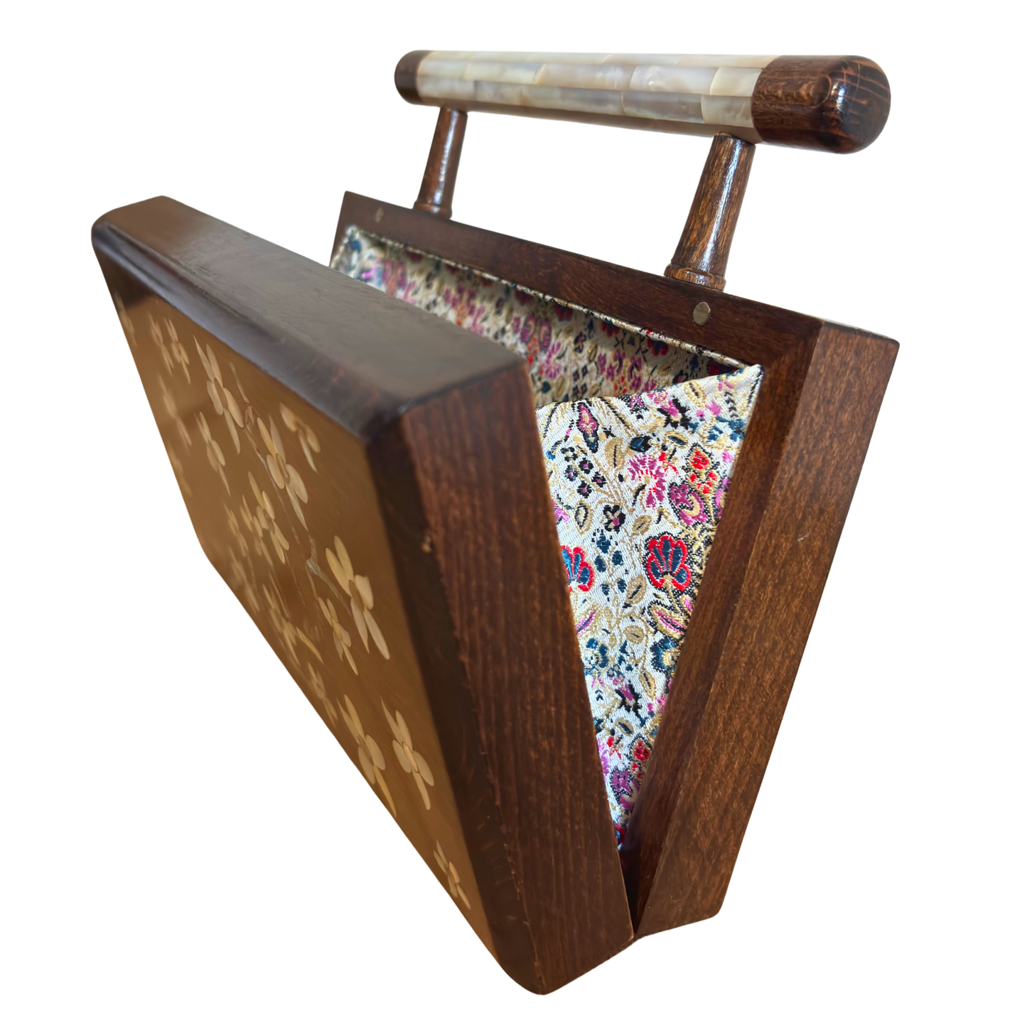 The Jasmine of Damascus – Handcrafted Walnut Clutch with Mother of Pearl Inlay & Brocade Interior