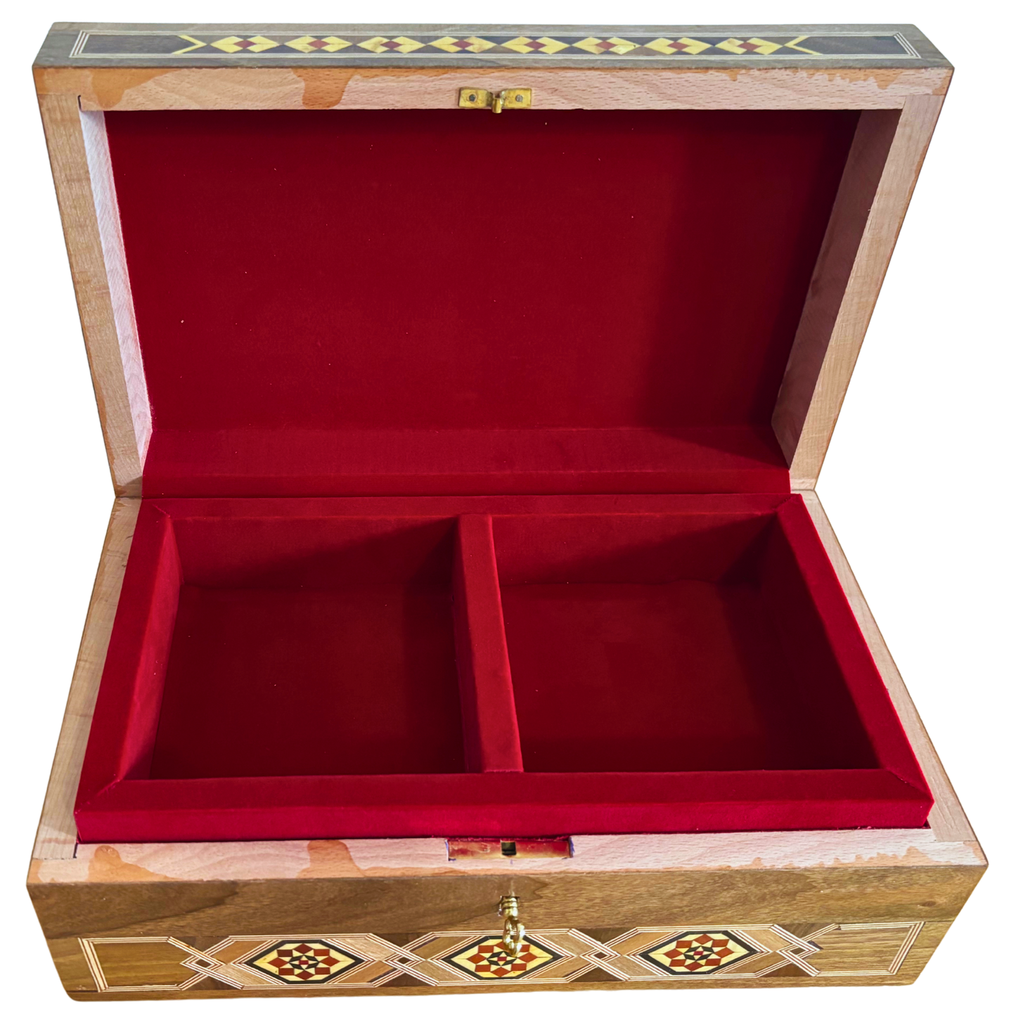 Large Handcrafted Damascene Mosaic Box with Lock – Multi-Level Wooden Jewelry Chest with Mother of Pearl Inlay