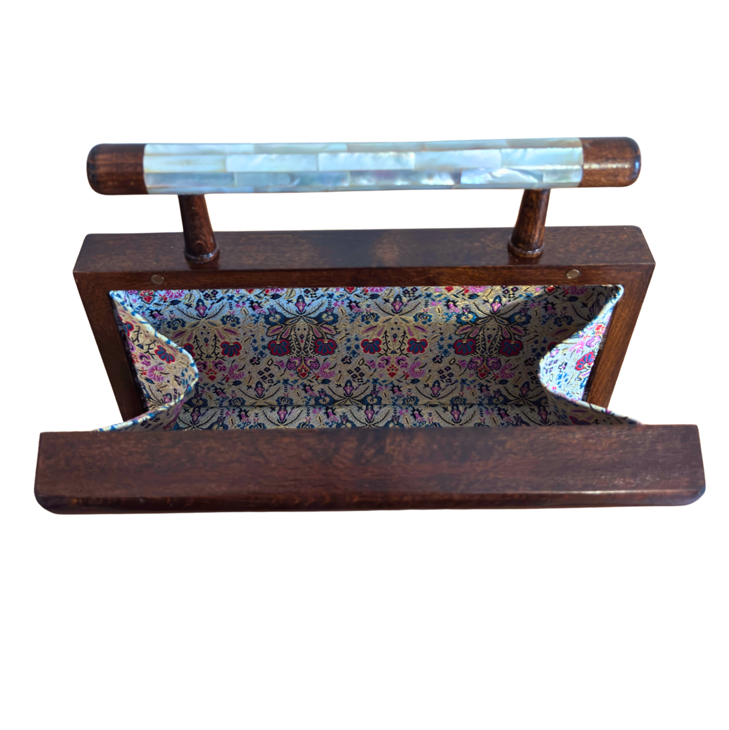 The Jasmine of Damascus – Handcrafted Walnut Clutch with Mother of Pearl Inlay & Brocade Interior