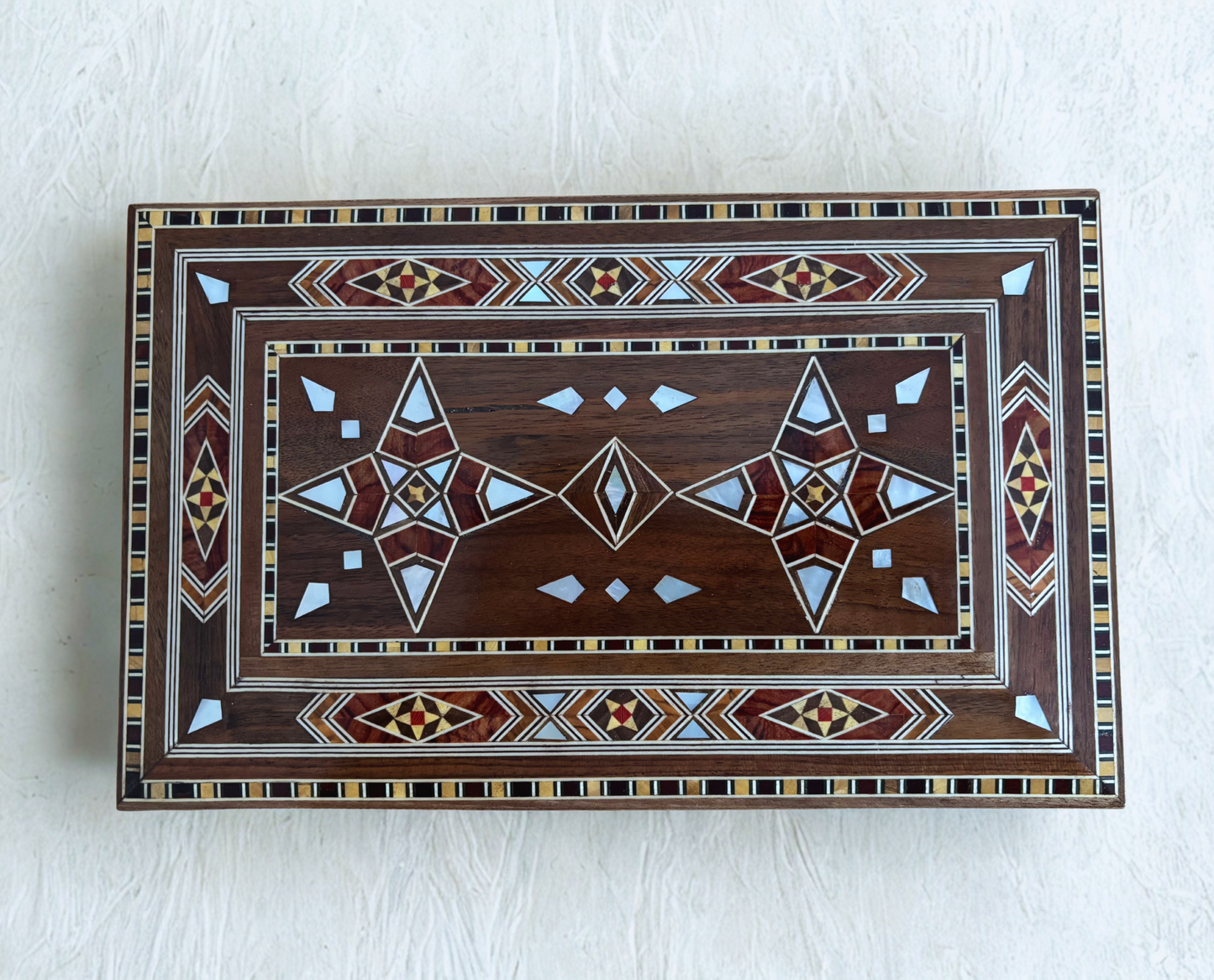 Large Handcrafted Damascene Mosaic Box with Lock – Multi-Level Wooden Jewelry Chest with Mother of Pearl Inlay