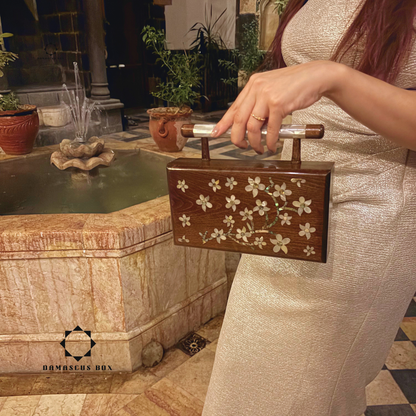 The Jasmine of Damascus – Handcrafted Walnut Clutch with Mother of Pearl Inlay & Brocade Interior
