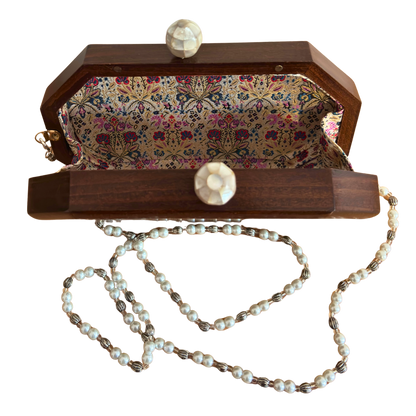 The Whisper of Roses – Handcrafted Damascene Walnut Clutch with Mother of Pearl Rose Inlay & Pearl Rosary Chain