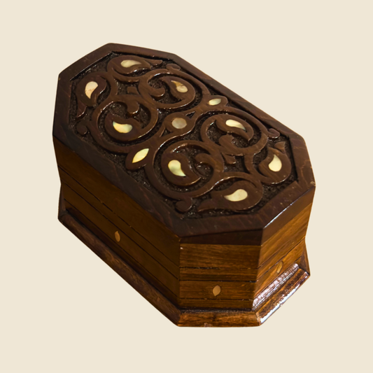 Hand-Carved Beechwood Box with Mother of Pearl Inlay – Walnut Finish Elegance