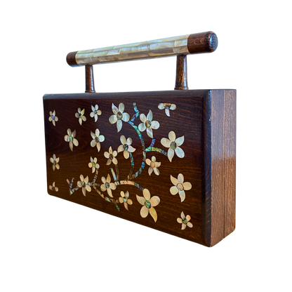 The Jasmine of Damascus – Handcrafted Walnut Clutch with Mother of Pearl Inlay & Brocade Interior
