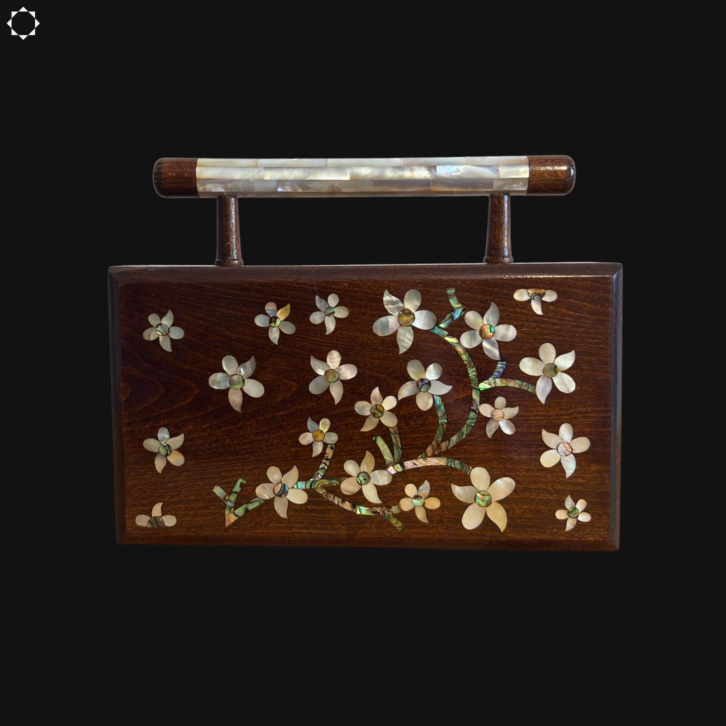 The Jasmine of Damascus – Handcrafted Walnut Clutch with Mother of Pearl Inlay & Brocade Interior