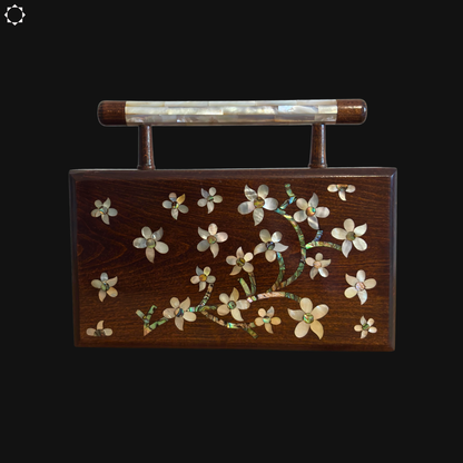 The Jasmine of Damascus – Handcrafted Walnut Clutch with Mother of Pearl Inlay & Brocade Interior