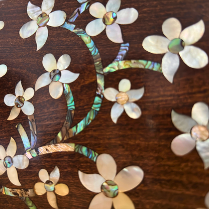 The Jasmine of Damascus – Handcrafted Walnut Clutch with Mother of Pearl Inlay & Brocade Interior