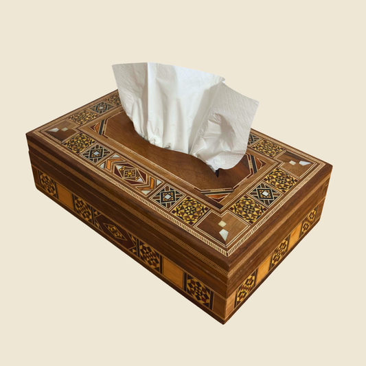 Elegant Damascene Mosaic Wooden Tissue Box – Mother of Pearl Inlay & Velvet Interior