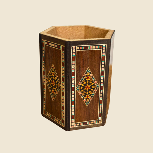 Damascene Mosaic Wooden Pen Holder by Gaby Al Dayeh – Natural Woods & Handcrafted Elegance