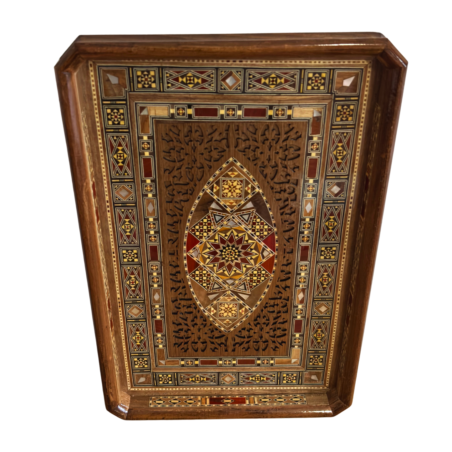 Damascene Mosaic Wooden Tray – Mother of Pearl Inlay & Natural Wood Elegance