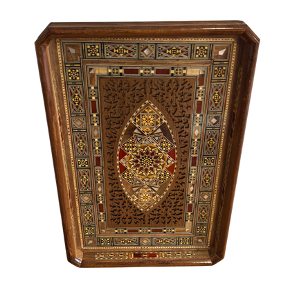 Damascene Mosaic Wooden Tray – Mother of Pearl Inlay & Natural Wood Elegance