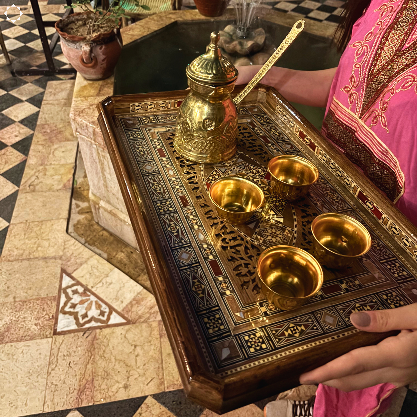 Damascene Mosaic Wooden Tray – Mother of Pearl Inlay & Natural Wood Elegance