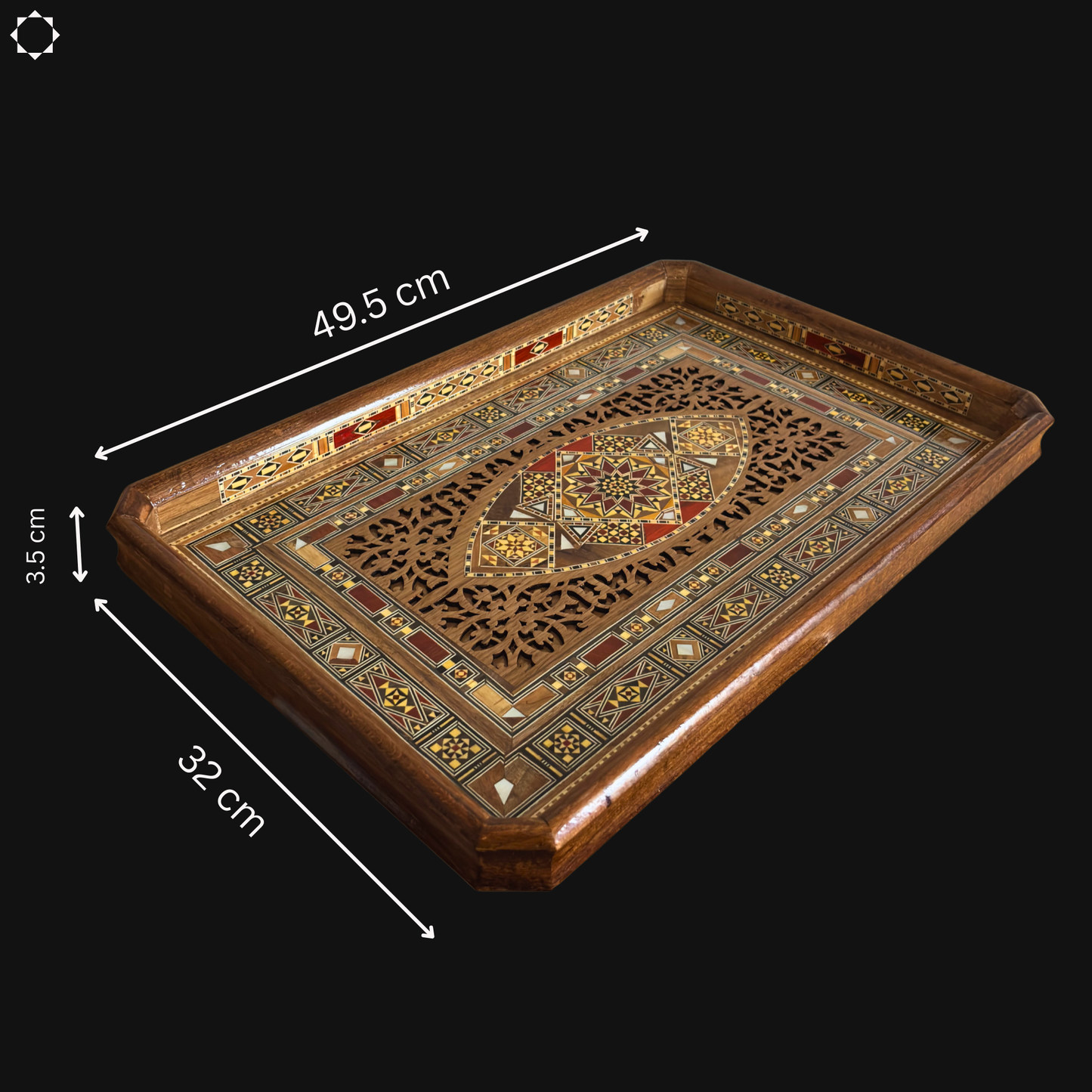 Damascene Mosaic Wooden Tray – Mother of Pearl Inlay & Natural Wood Elegance