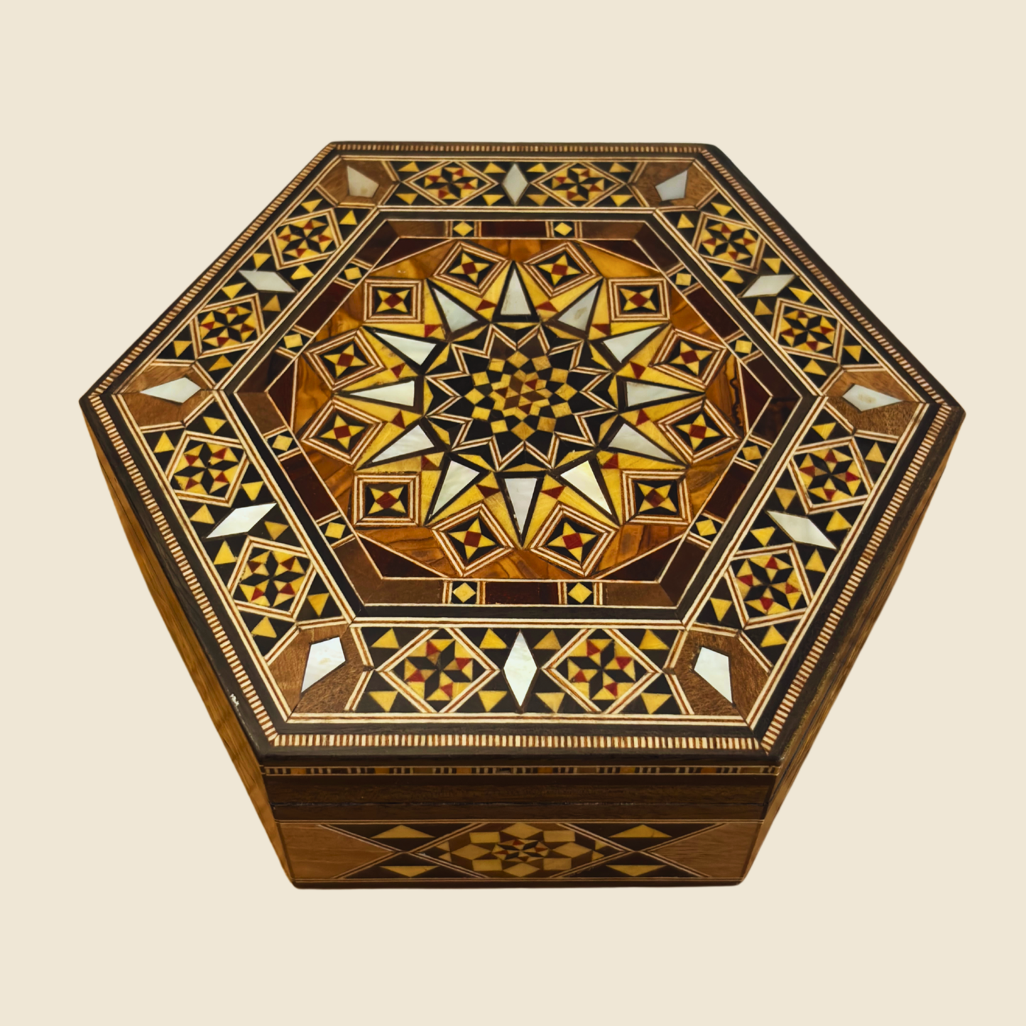 Boîte en Mosaïque Damasquine Artisanale – Nacre & Élégance Veloutée