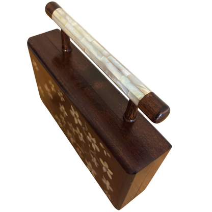 The Jasmine of Damascus – Handcrafted Walnut Clutch with Mother of Pearl Inlay & Brocade Interior