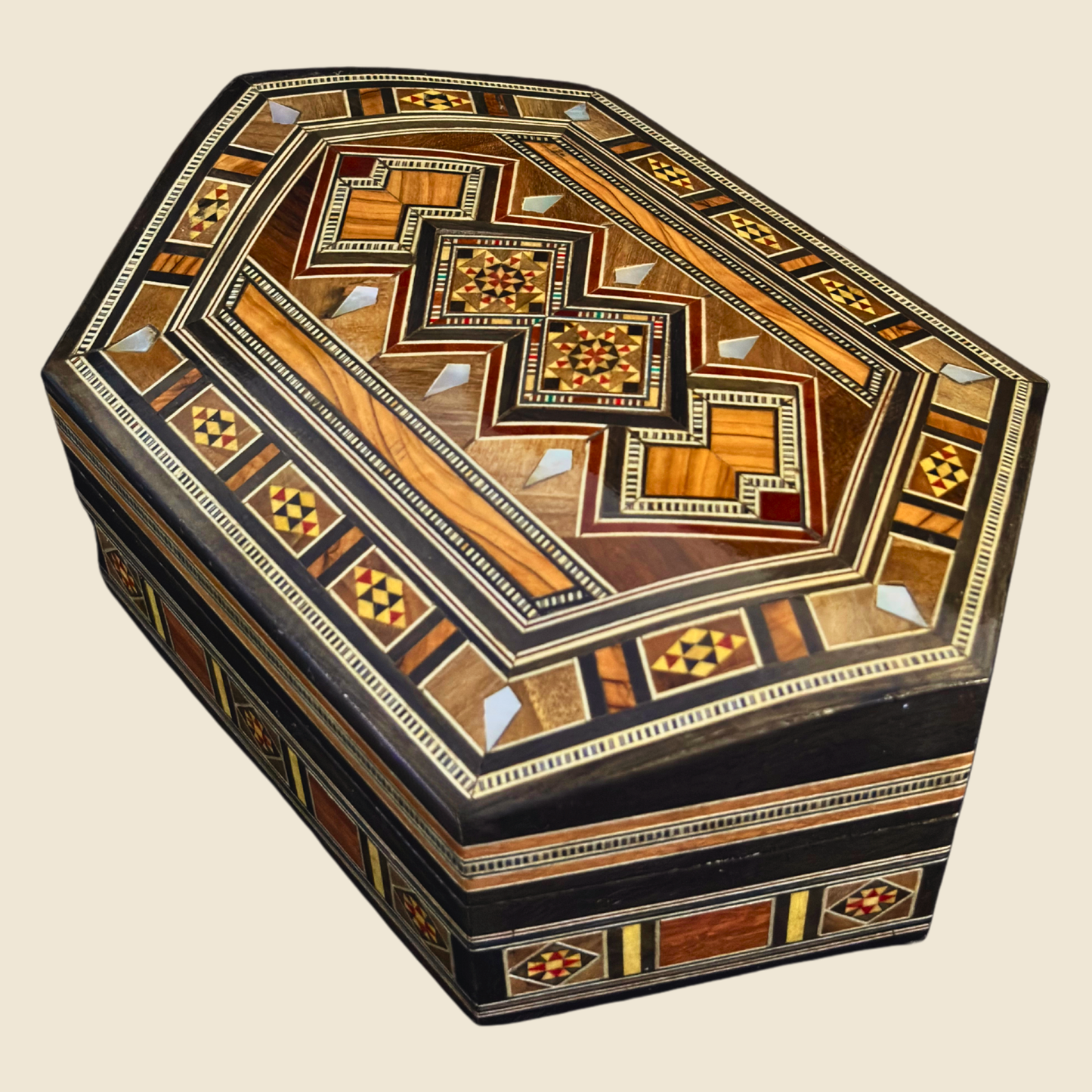 Handcrafted Damascene Mosaic Box – Mother of Pearl & Velvet Harmony