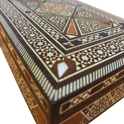 Vintage 1970 Damascene Mozaïek Sieradendoos – Handgemaakte Oosterse Inleg met Parelmoer