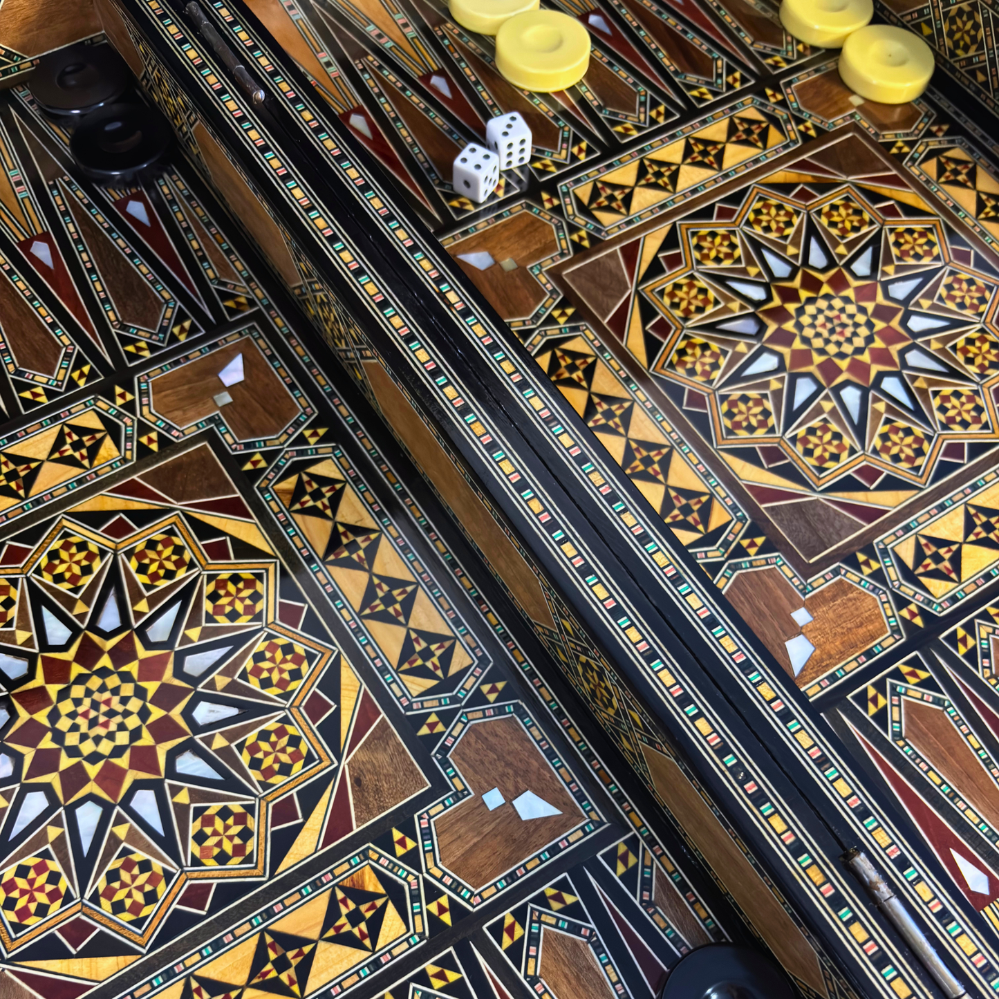 Luxury Mosaic Chess & Backgammon Set – Damascene Art & Mother of Pearl