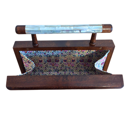 The Jasmine of Damascus – Handcrafted Walnut Clutch with Mother of Pearl Inlay & Brocade Interior
