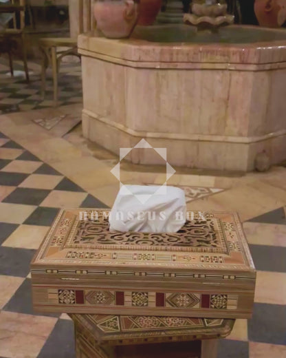 Damascene Carved Wooden Tissue Box – Natural Woods & Wine-Red Velvet Interior